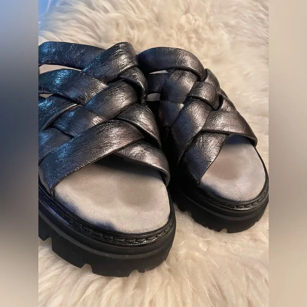 Fru.it Leather Slide Sandals Pewter Metallic Made in Italy 9.5